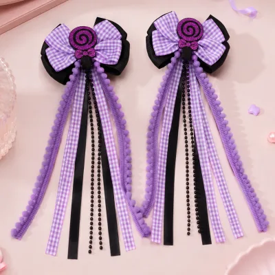 2Pcs Halloween Lollipop Hair Bows Gingham Grosgrain Pompom Beaded Streamer Hair Clip Party Girls Bulk Accessories