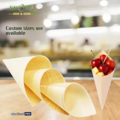 Natural Biodegradable Wooden Cone for Food Serving Disposable Palm Leaf Cone for Appetizer Dessert Sushi Custom Size