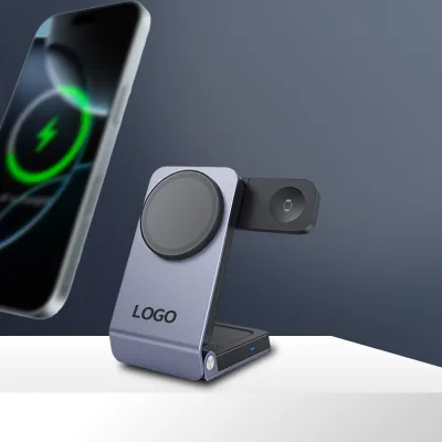 Aluminum Alloy 3-in-1 25W Adjustable Magnetic Wireless Charger with Night Light for Desktop Charge Phones Earbud and Watch