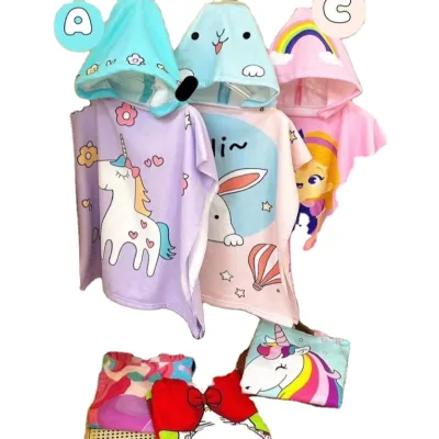 Wholesale Custom Cartoon Print Baby Hooded Bathrobe Microfiber Polyester Baby Surf Beach Poncho Towel