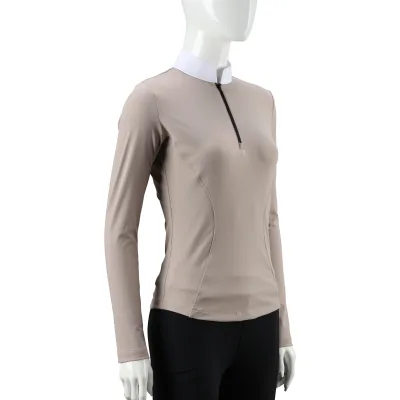 Customizable Luxury Equestrian Show Shirt for Horse Riding Long Sleeve Shirt Beige Quarter Zip Stand Collar Horse Riding Top