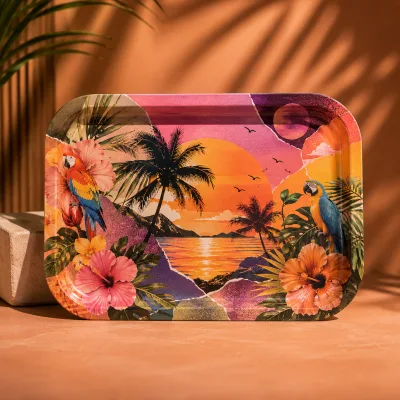 Tropical Sunset Flower Custom Wholesale Manual Simple Metal Herb for Rolling Tray with Storage & Accessories