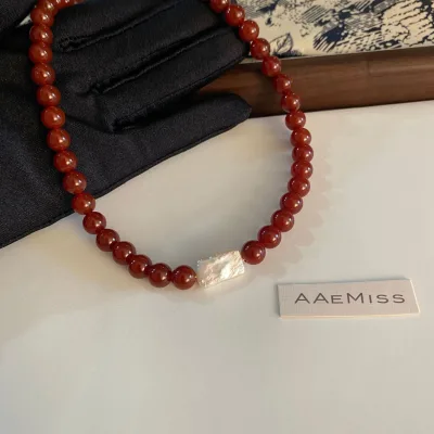 Chinese Style Trendy 18K Gold Plated Stainless Steel Red Agate Pearl Beaded Necklace 18 Inches Rectangle Perfect Gift for Women