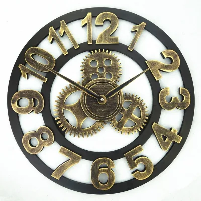 3D Gear Retro Wall Clocks Rustic Vintage Wooden 23 Inch Large Big Size Clock Non Ticking Quartz Wall Clock for Hotel Restaurant