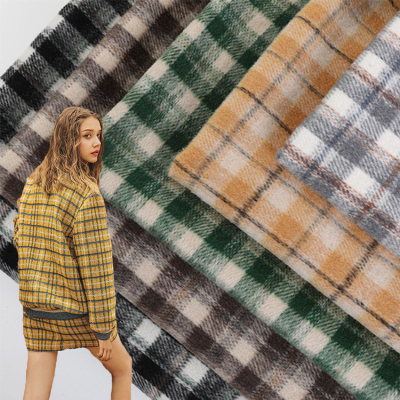 Stock Yarn Dyed Wool Plaid Soft Long Hair Woolen Tweed Fabric
