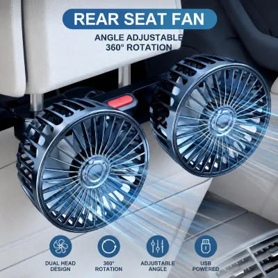 Car Cooling Fan USB Vehicle Adjustable Dual Head Portable Rear Seat Clip on Silent Strong Airflow Dashboard