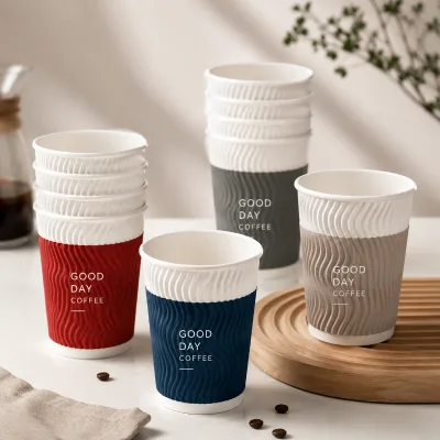 Ripple Wall Paper Cups Food Grade Leak Proof High Temperature Resistant Recyclable Custom Logo Hot Coffee Commercial Catering