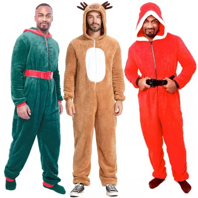 Adult Christmas Onesie Santa Claus Reindeer Elf Costume Hooded Fleece Jumpsuit Cosplay Party Stage Performance