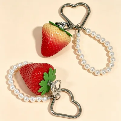 WOWEI Strawberry Pearl Keychain with Heart-shaped Resin Clasp and Phone Clip Cute Girl Bag Pendant for Back to School