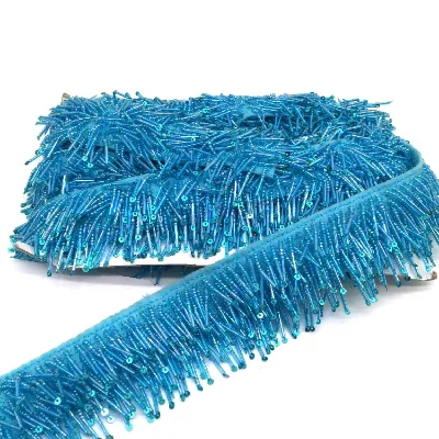 Handmade Beaded Lace Blue Fabric Sequins Beaded Banding Trims for Garment Accessories