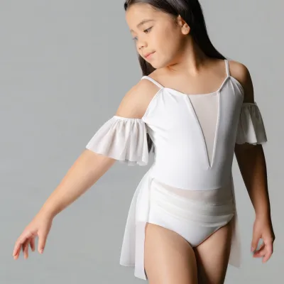 Custom Girls Lyrical Dance Costume White Off Shoulder Leotard with Chiffon Skirt Competition Performance Outfit