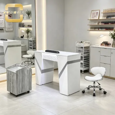Modern Manicure Table with Built in Ambient LED Light and Geometric Diamond Texture Panel for High End Nail Salon