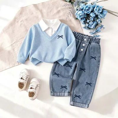 2026 New Spring Cross-Border Unisex Cotton Knitted Patchwork Lapel Top + Heavy-Duty Bow-Embroidered Denim Pants Set