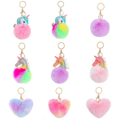 Animal Pom Pom Keychains Cute Unicorn Alpaca Fox Keychain for Women Girl Backpack Charms,girls charms pendant decoration gift