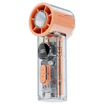 Portable Handheld Fan for Home Use with Flashlight Function, Brushed Motor, Digital Display, and Transparent Design