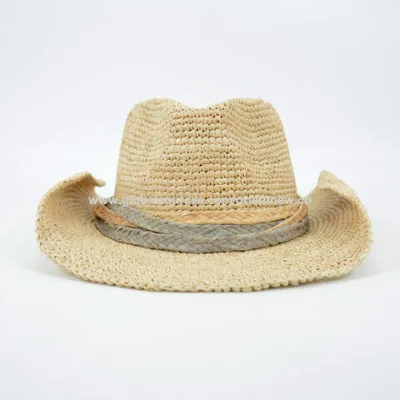 Wholesale Summer Beach Natural Raffia Straw Hat Adjustable Sweatband with Raffia Braid Trim