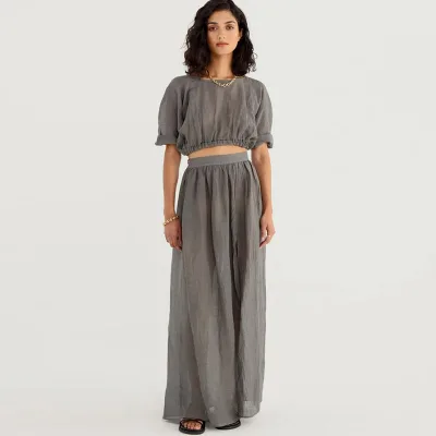 Popular Summer Ladies Puff Short Sleeve Crop Top and Long Loose Slit Skirt Two Piece Set Women Gray Set