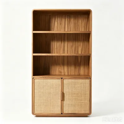 Modern Solid Wood Rattan Display Cabinet Bookcase Storage Shelf with Woven Rattan Doors Home Furniture Living Room Home Office