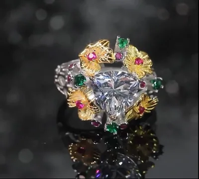 Deluxe Vintage Color S925 Sterling Silver Ring With Triangular Zircon Opening Adjustable Flower Ring