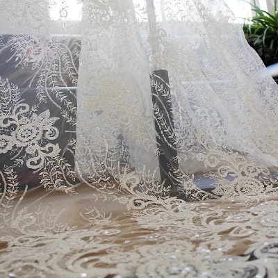High Quality White Bridal Lace Fabric with Sequin Embroidery for Wedding Dresses and Clothing Accessories