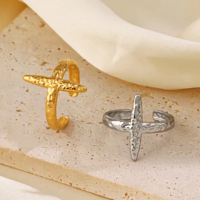 European American Fashion Popular Hip Hop Punk Gold Silver Stainless Steel Open Cross Ring