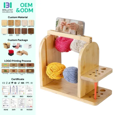 BH Dual Spindle Yarn Holder Spinner Bamboo Wood Crochet Yarn Holder Double Yarn Holder with Built in Phone Stand for Crocheting