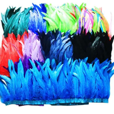 Hot Sale Bleached Dyed Colorful Rooster Tail Feather Fringe Trim for Carnival Dresses Accessories Decoration