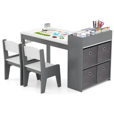 Multifunctional Wooden Kids Art Table Craft Desk with Storage Modern Kids Desk and Chair Set with Paper Roll