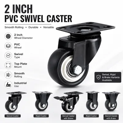 2 Inch PVC Swivel Caster Wheel No Brake Top Plate Mount for Trolleys Furniture Material Handling Equipment