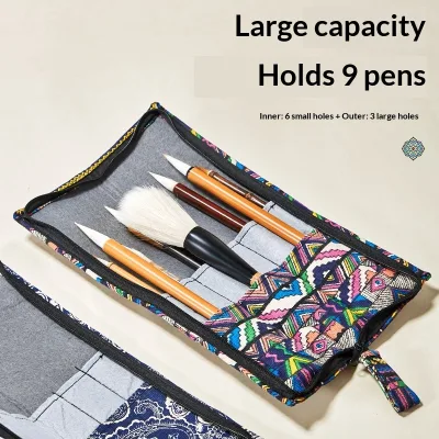 Weizhuang Handmade Fabric Calligraphy Pen Case Gold Stamping Zippered Ancient-style Brush Bag Protective Brush Case Portable Pen