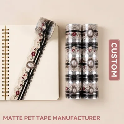 OEM Manufacturer Custom Shabby Chic Matte PET Tape, Vintage Romantic Cameo Lace Floral Rose Bow Die Cut PET Tape