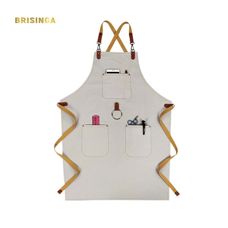 Barista Apron Type Restaurant Apron Cotton with Big Pockets White Denim Apron