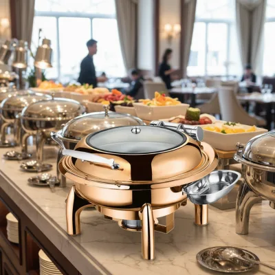 Luxury 6L Glass Lid Food Warmer Rose Gold Hydraulal Stainless Steel Arabic Chafer Buffet Warming & Holding Equipment