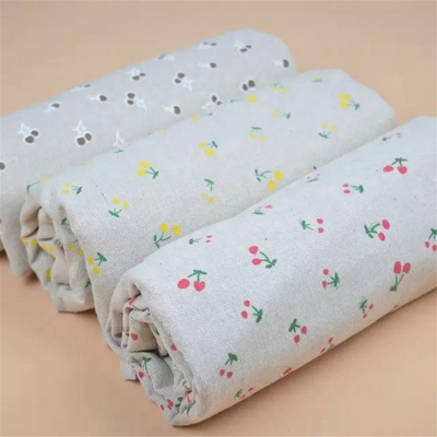 New Style Red Cherry Green Cherry Printed Cotton Linen Fabric