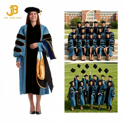 Wholesale Unisex Graduation Gowns Designs Velvet School Graduation Hood Phd Cap Graduation Robe Lake Blue School Uniform 100%