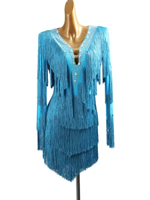 2026  Lake Blue Latin Dance Competition Costume Adult Womens Tassel Rhinestone-Embroidered Professional Performance