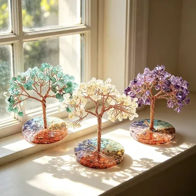 Natural Crystal Tree of Life with Resin Base Colorful Crystal Chips Feng Shui Money Tree for Home Office Decor Gift