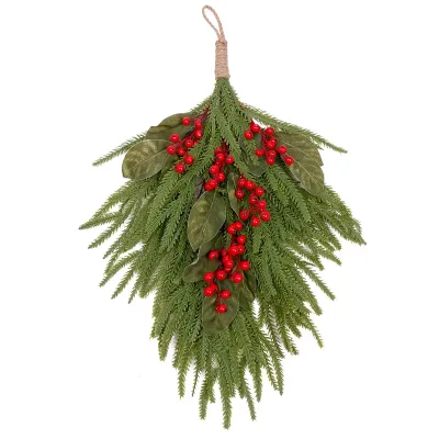 Faux Norfolk Pine Hanging Decoration with Red Berries Christmas Wall & Door Ornament for Holiday Home Decor