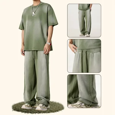 Custom Colors Vintage Wash Sweat Pants Men's Blank Cotton Fleece Streetwear Jogging Distressed Acid-washed Sports Pants