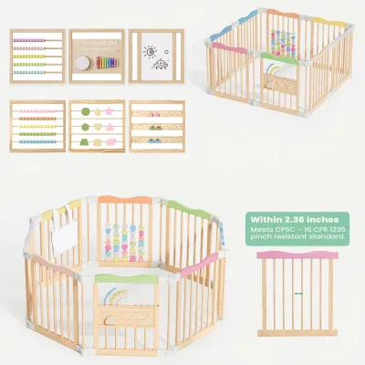 Eco-friendly Durable Foldable Pine Wood Baby Playpen with Door Panel Built-in Toys Cartoon Pattern Unisex for Babies & Toddlers