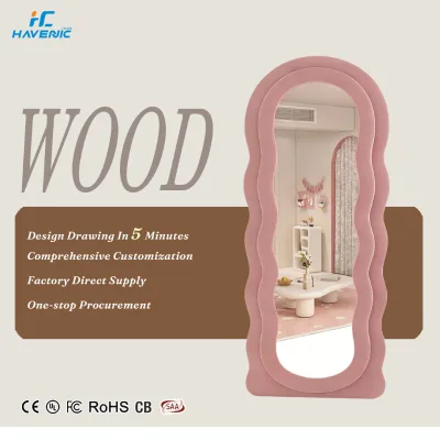 Modern Fluffy Teddy Plush Wooden Frame Irregular Waveform Standing Full Length Floor Mirror Luxury Bedroom Dressing Fashionable