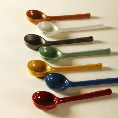 Japanese Handmade Cute Long-Handle Ceramic Soup Rice Spoon Underglaze Colored Dessert Coffee Spoon