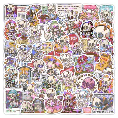 50PCS Holographic laser reading skull funny skeleton sticker
