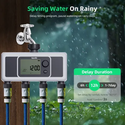 One-Touch Instant Setup 4 Zone Sprinkler Timer - Large LCD Display Water Timer with Rain Delay - Easy-to-Use Garden Controller