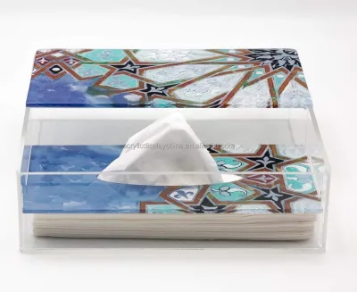 Clear Acrylic Tissue Box With Vintage Geometric Ethnic Print Rectangular Napkin Holder for Home Hotel Tabletop Decor