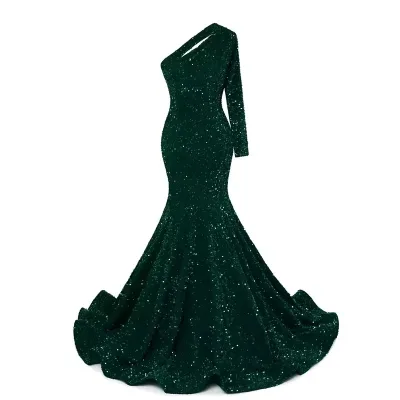 2024 African Emerald Green Mermaid Prom Dresses One Sleeve Sequins Evening Dress Bling Bling Keyhole Mermaid Sequined Dress