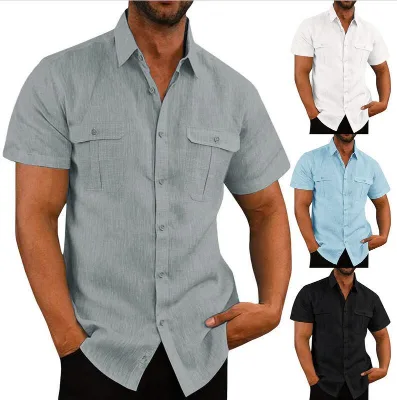 European American Men's Shirt Double-pocket Cotton-linen Short-sleeve Shirts Casual Vacation Shirts
