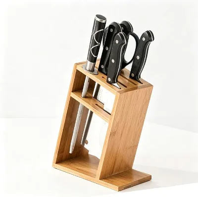 Bamboo Knife Block, 6 Slots Angled Kitchen Knife Holder, Countertop Utensil Storage for Knives, Scissors and Sharpening Rod