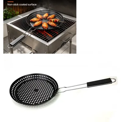 Non-Stick Round BBQ Grill Pan With Detachable Handle Perforated Metal Barbecue Tray for Outdoor Cooking