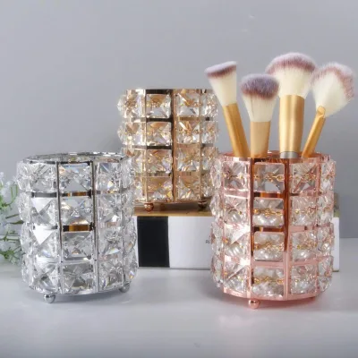 Crystal Beads Makeup Brush Holder Black Bling Handcrafted Comb Brush Pen Pencil Holder Pot Stationery Desk Pencil Holder
